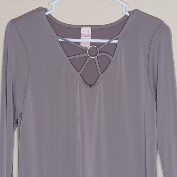 E.L.H. Studio Long Sleeve V Neck Pullover Stretch Knit Top Womens Medium Brown - Picture 3 of 7